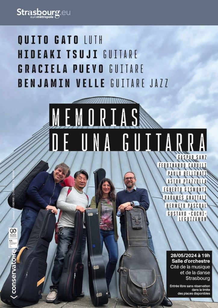 Memorias de una guitarra, affiche du concert au Conservatoire de Strasbourg. Graciela Pueyo, Benjamin Velle, Hideaki Tsuji, Quito Gato