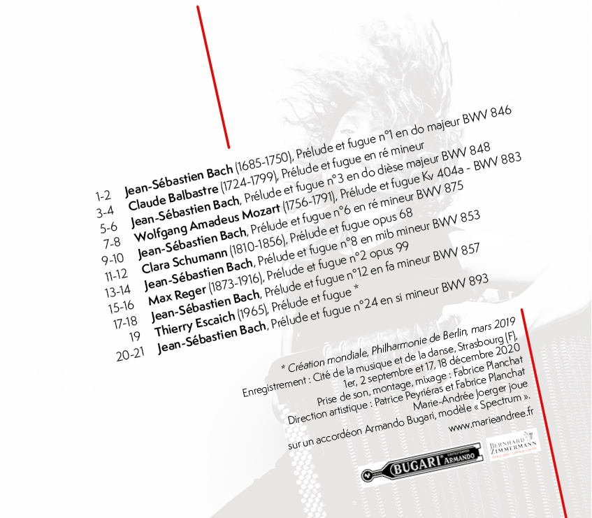 Verso de la pochette du CD de l'accordéoniste Marie-Andrée Joerger "Bach en miroir"