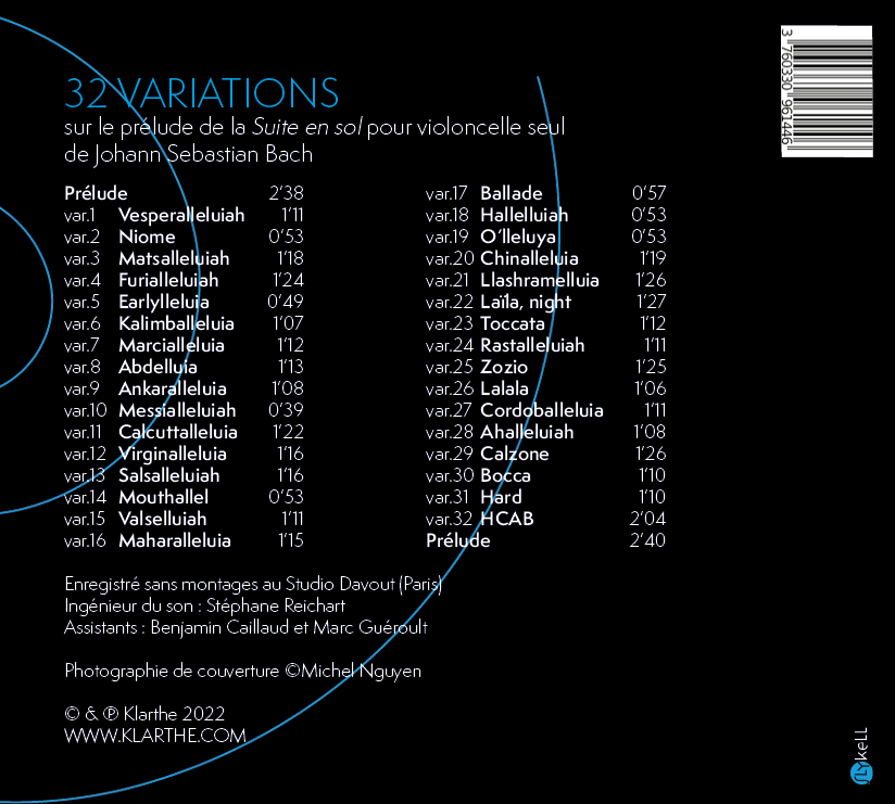 Verso de la pochette du CD du violoncelliste Jean-Philippe Audin "Alleluiah Graffitis"