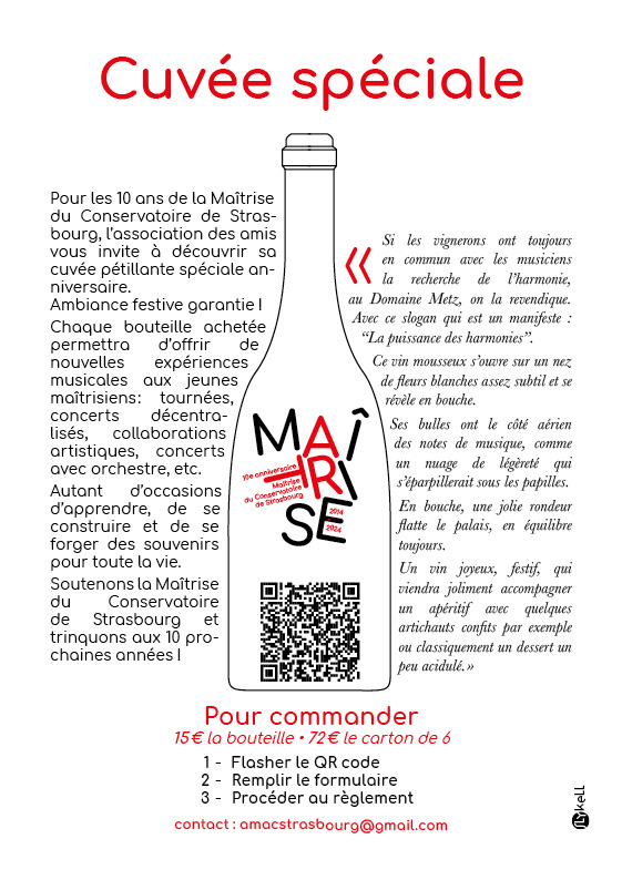 Verso du flyer de promotion de la cuvée spéciale des 10 ans de la Maîtrise du Conservatoire de Strasbourg.